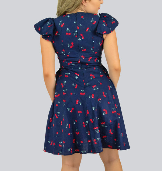 Blue and Red Cherry Multicolored Dress