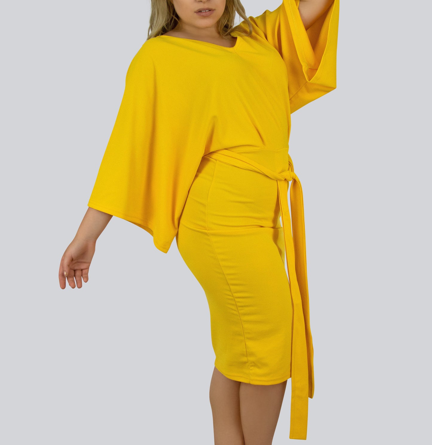 Trumpet Sleeve Bodycon Dress with Belt and Front Slit