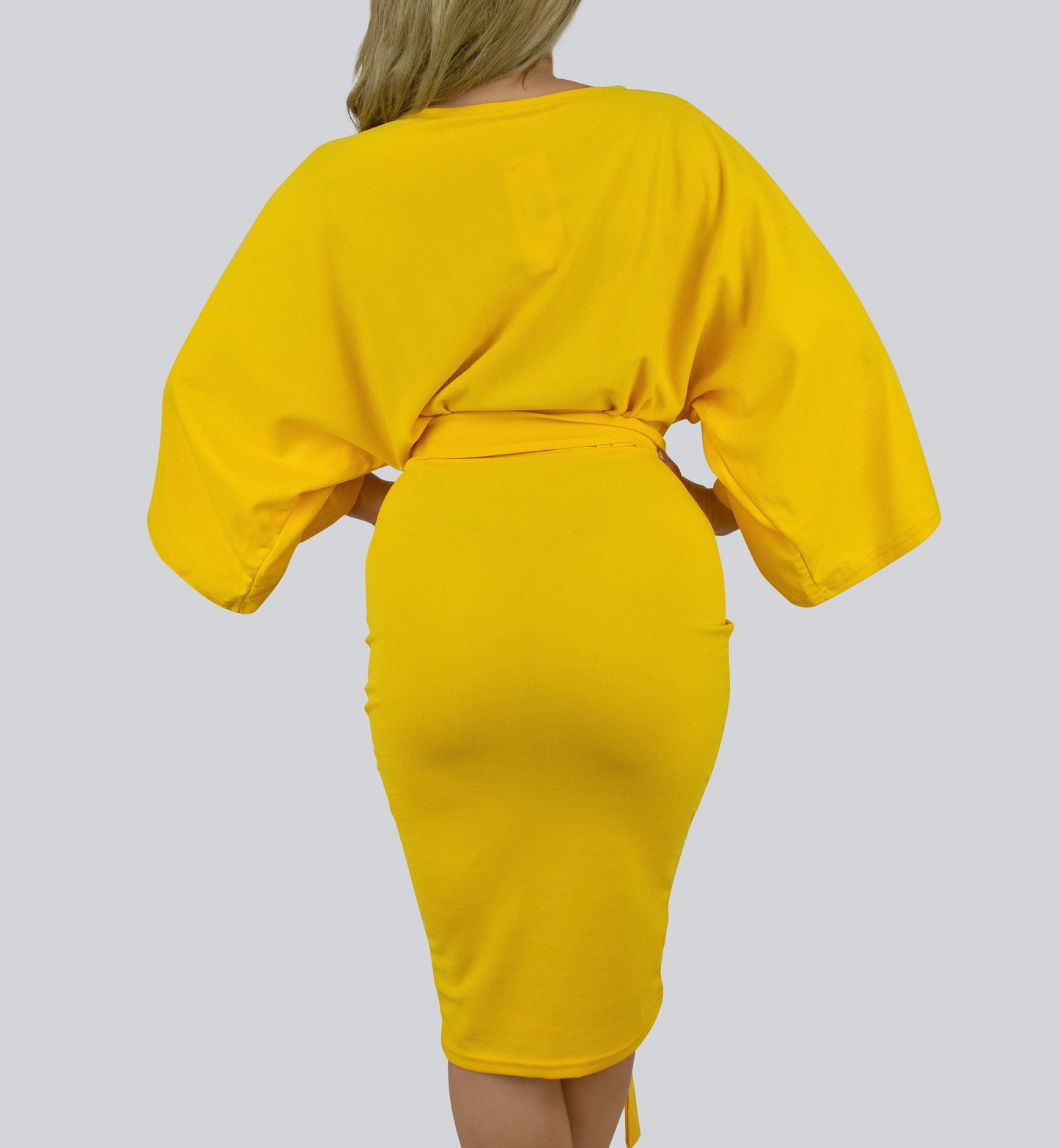 Trumpet Sleeve Bodycon Dress with Belt and Front Slit