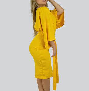 Trumpet Sleeve Bodycon Dress with Belt and Front Slit