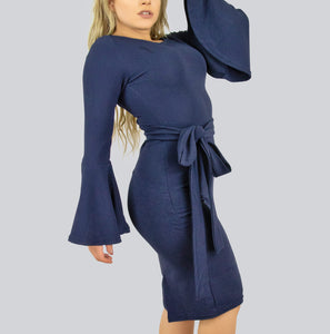 Bodycon Dress with Bell Sleeves and Belt